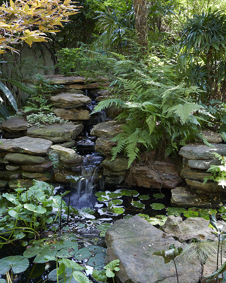 Lush garden with a stream and a small waterfall over rocks, by Young Garden Design
