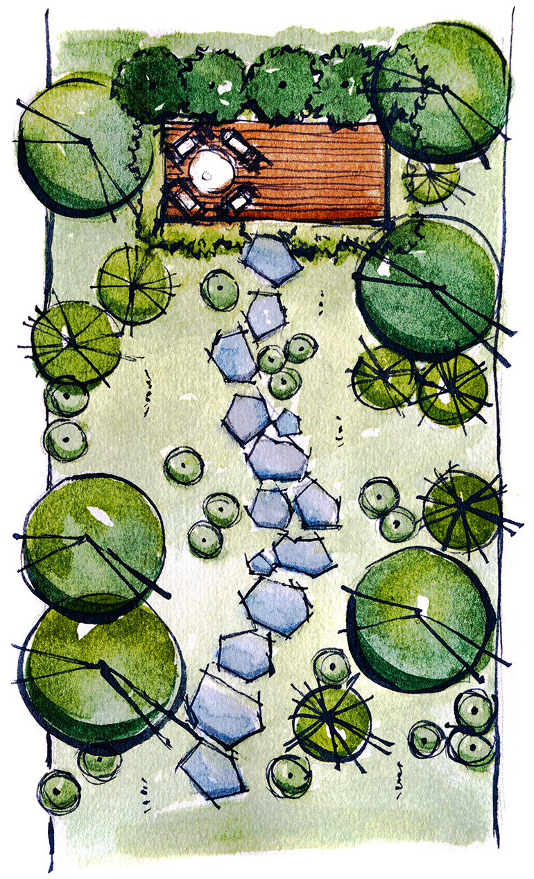 Hand-drawn and painted garden plan.